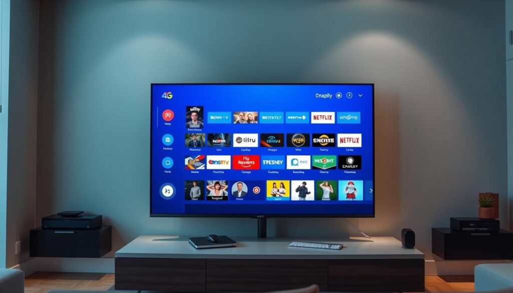 A high-quality 4K IPTV subscription service with a sleek, modern interface displayed on a state-of-the-art smart TV. The screen shows a wide selection of live TV channels, on-demand content, and user-friendly navigation controls. The background features a sophisticated home entertainment setup, with clean lines, subtle lighting, and a minimalist aesthetic that evokes a sense of technological sophistication. The overall scene conveys the ease and convenience of setting up a comprehensive IPTV solution for a discerning US-based customer.