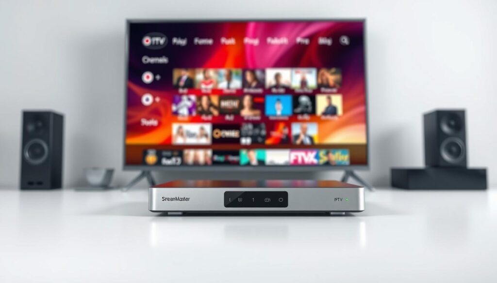 A sleek and modern IPTV streaming device, showcased against a minimalist, well-lit white background. The device has a clean, rectangular design with subtle silver accents, conveying a sense of high-quality and premium craftsmanship. The device is positioned in the foreground, allowing the viewer to clearly see its features and UI. In the middle ground, a dynamic, vibrant on-screen display highlights the extensive channel library, with a rich variety of content categories and high-definition video quality. The overall atmosphere is one of professionalism, technology, and a premium user experience, reflecting the capabilities of the &amp;quot;StreamMaster Pro&amp;quot; IPTV service.